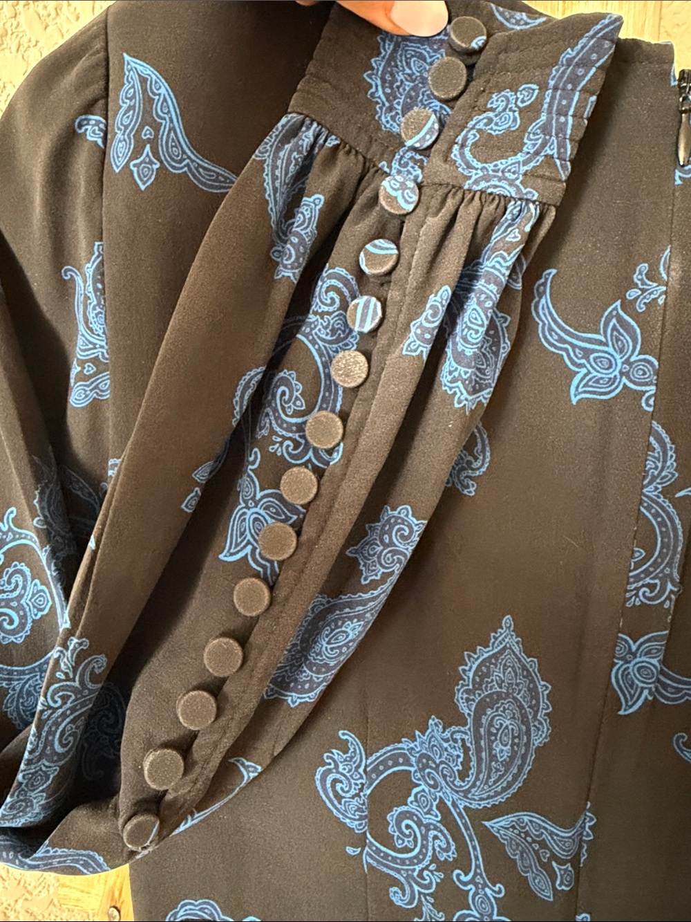 A.L.C. Black Long-Sleeve Fit & Flare Dress with Blue Paisley 100% silk - Picture 5 of 6